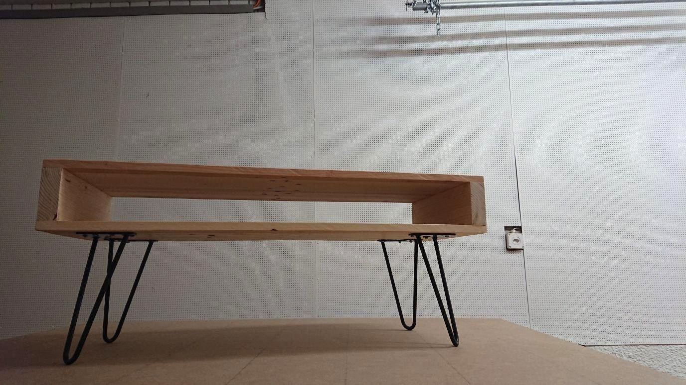 Low open media bench in reclaimed pine on black hairpin legs
